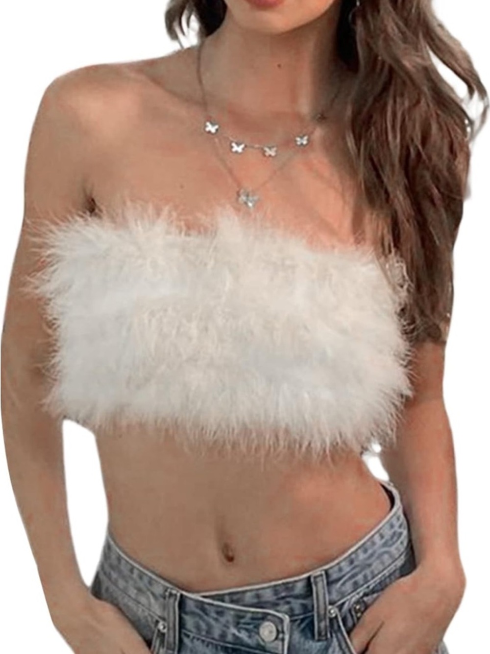 White Faux Feather Strapless Tube Crop Top